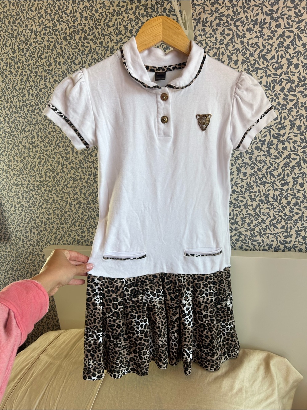 Roberto Cavalli White Polo Dress with Leopard Print Skirt (Size 10-12)